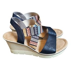 Rieker Blue/Multi Leather Wedge Heel Mule Sandals Size 9 (40)